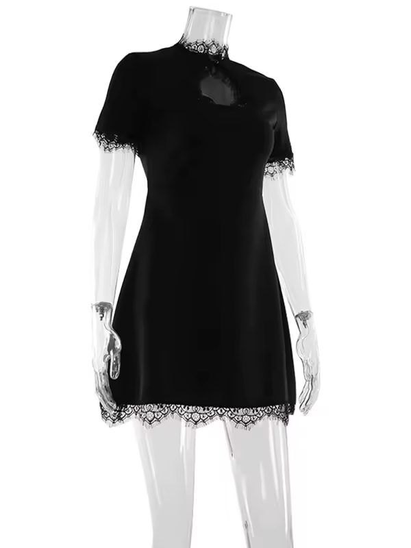 Ahagaga Sexy Women's Mini Dresses Patchwork Short Sleeves Lace Hollow Out Slim Fit Trend Baisc Turtleneck Streetwear Female Robe - Image 6