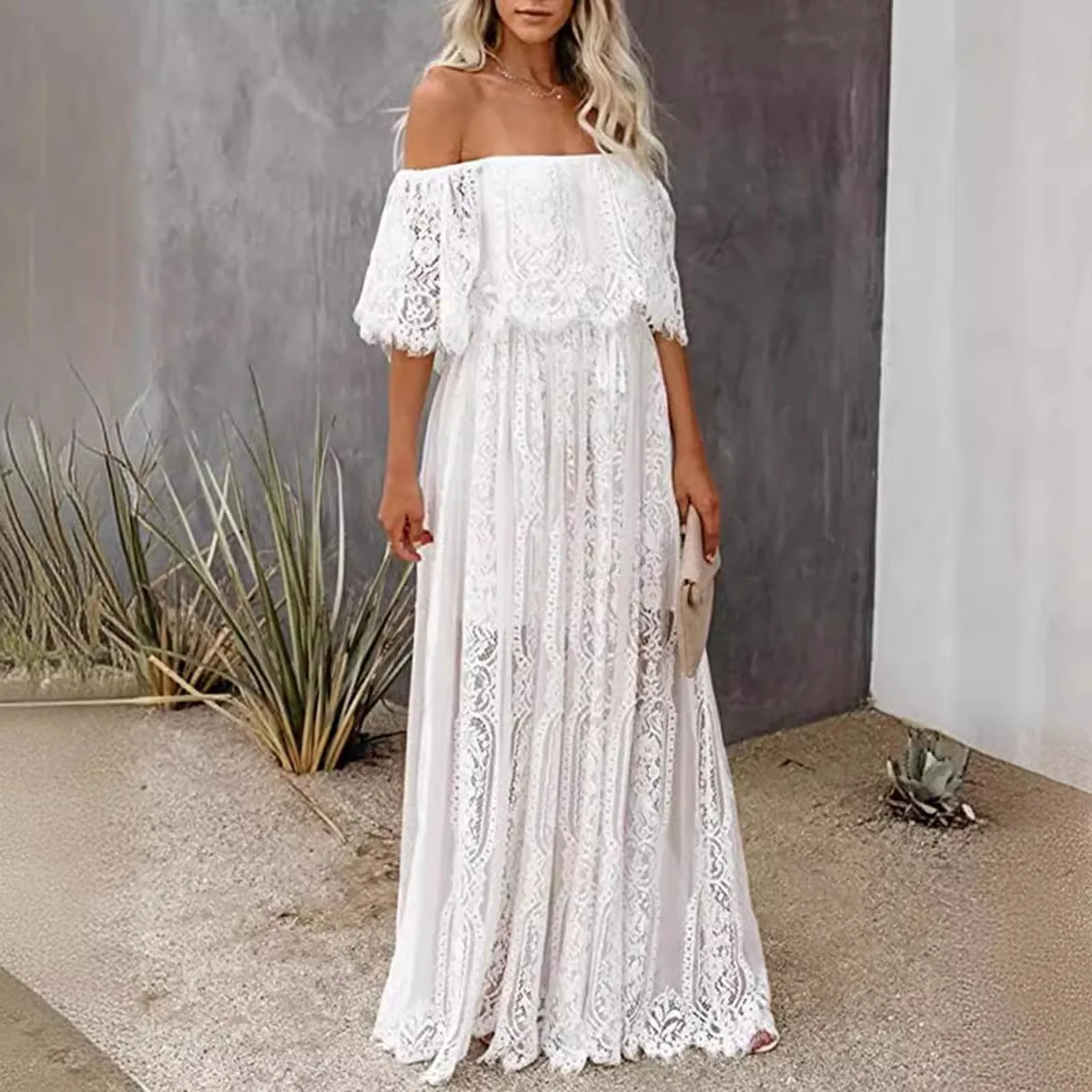 Boho Embroidery Maxi Dress 2024 New Lace Dress Slash Neck Ruffled Elegant White Boho Robes Strapless Off The Shoulder Sexy Dress