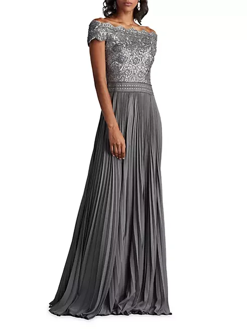 

Elegant Sequin Corded Lace Pleated Chiffon Gown Off The Shoulder Prom Trailing Dress Women A-line mother of bride dress 2024