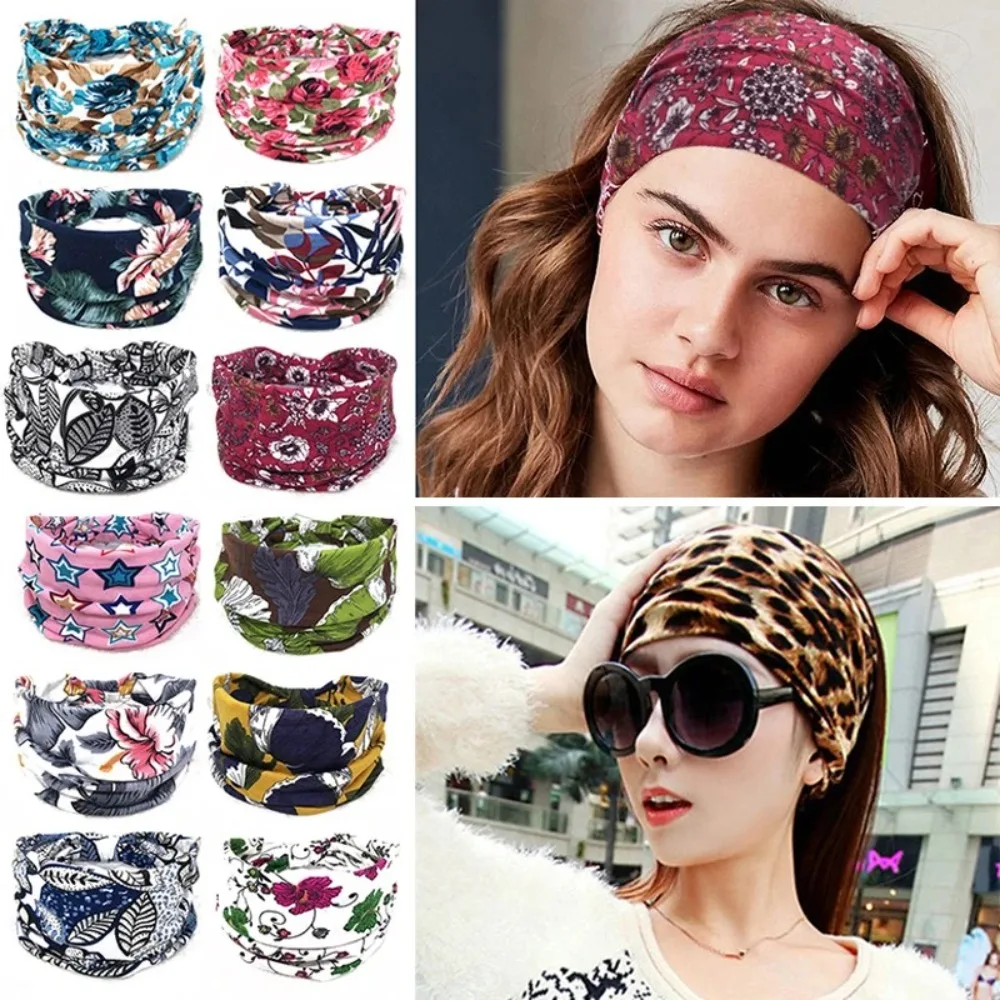 

Bohemian Headband Elastic Turban Headwear Vintage Knot Wide Women Headwrap Cotton Stretch Boho Yoga Hair Band For Dance Biker