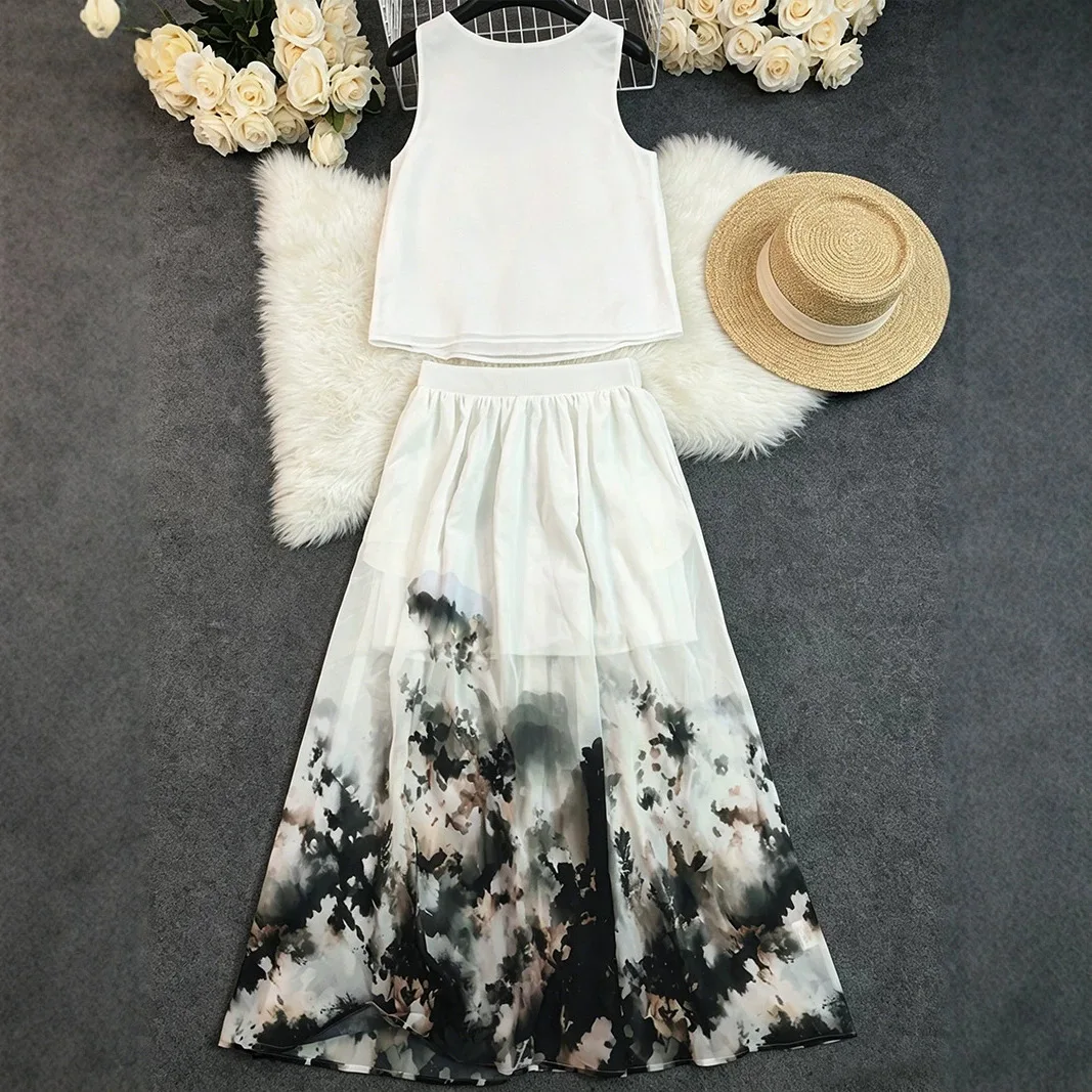 Greenora Fashion Beach Chic Sleeveless Tank Top Ink Wash Painting Print Maxi Skirt Two Piece Set Women