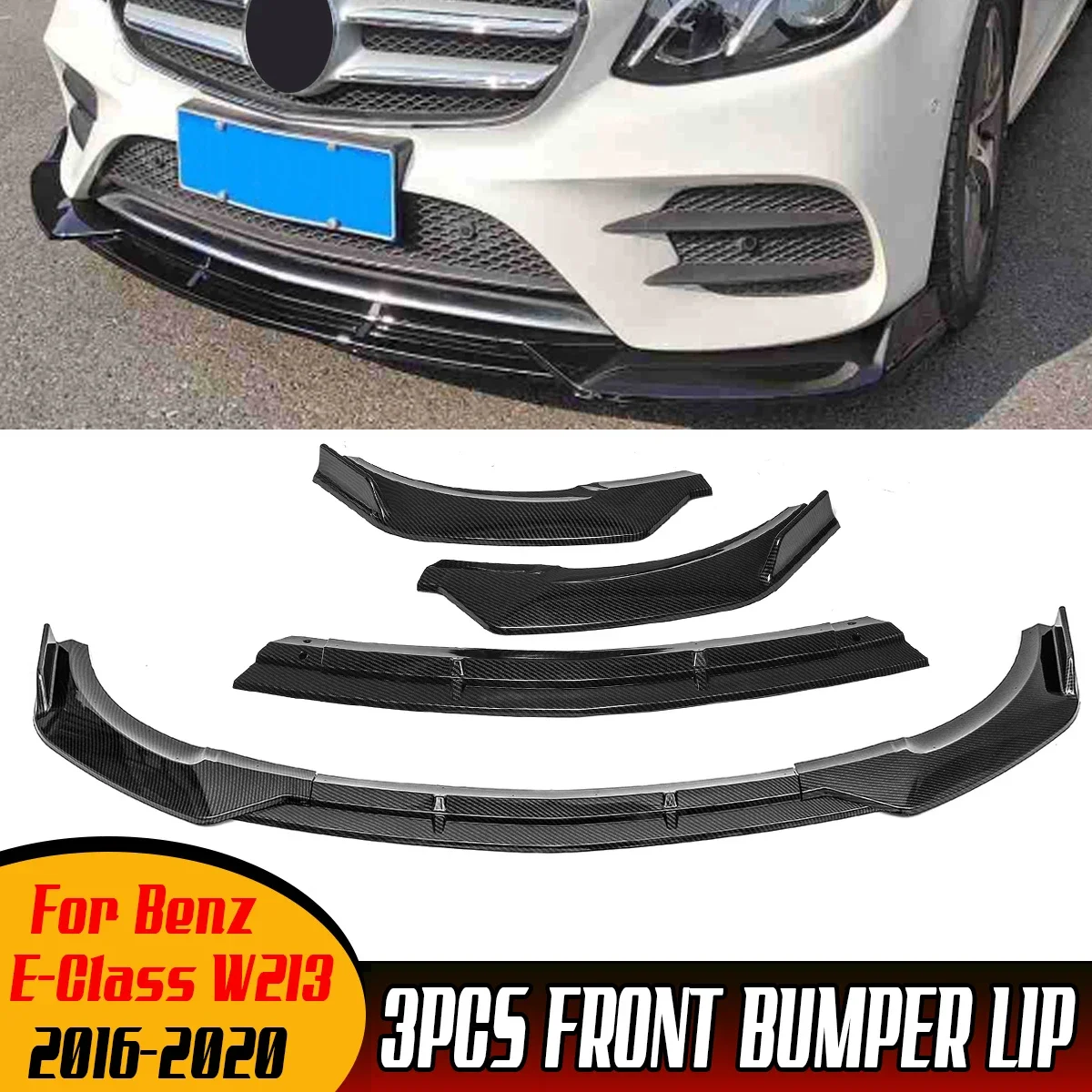 

3x Black/ Carbon Fiber Look Car Front Bumper Splitter Lip Body Kit Spoiler Diffuser For Mercedes For Benz E-Class W213 2016-2020