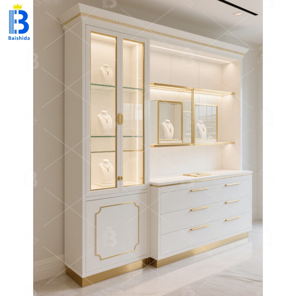 Custom.Modern American Design Jewelry Showcase LED Exhibition Display Rack Shop Abroad Jewelry Display Cabinet