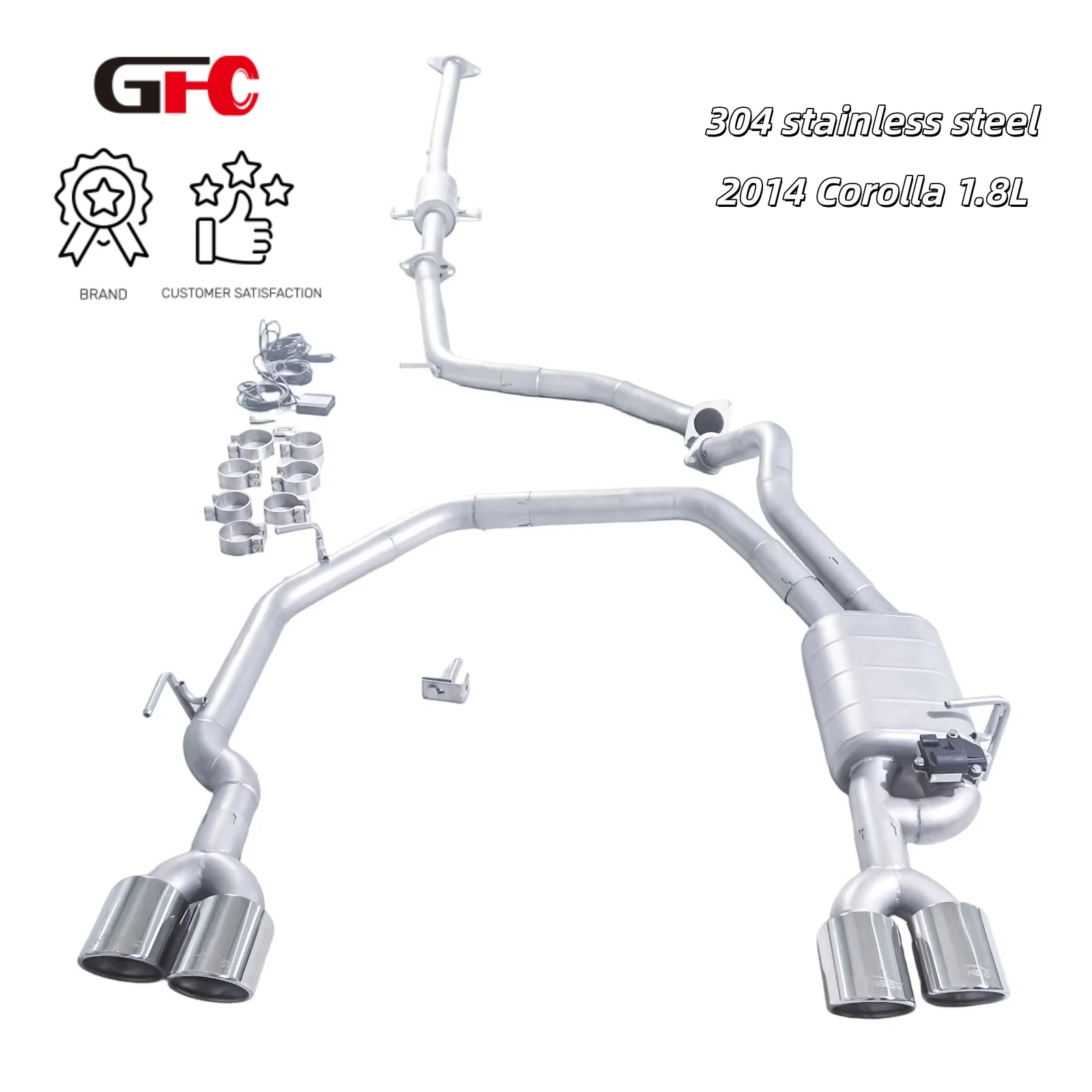 

Suitable for the 2014 Corolla 1.8L downspout catback SUS304 high-performance exhaust system, with valve muffler and 4 tips.