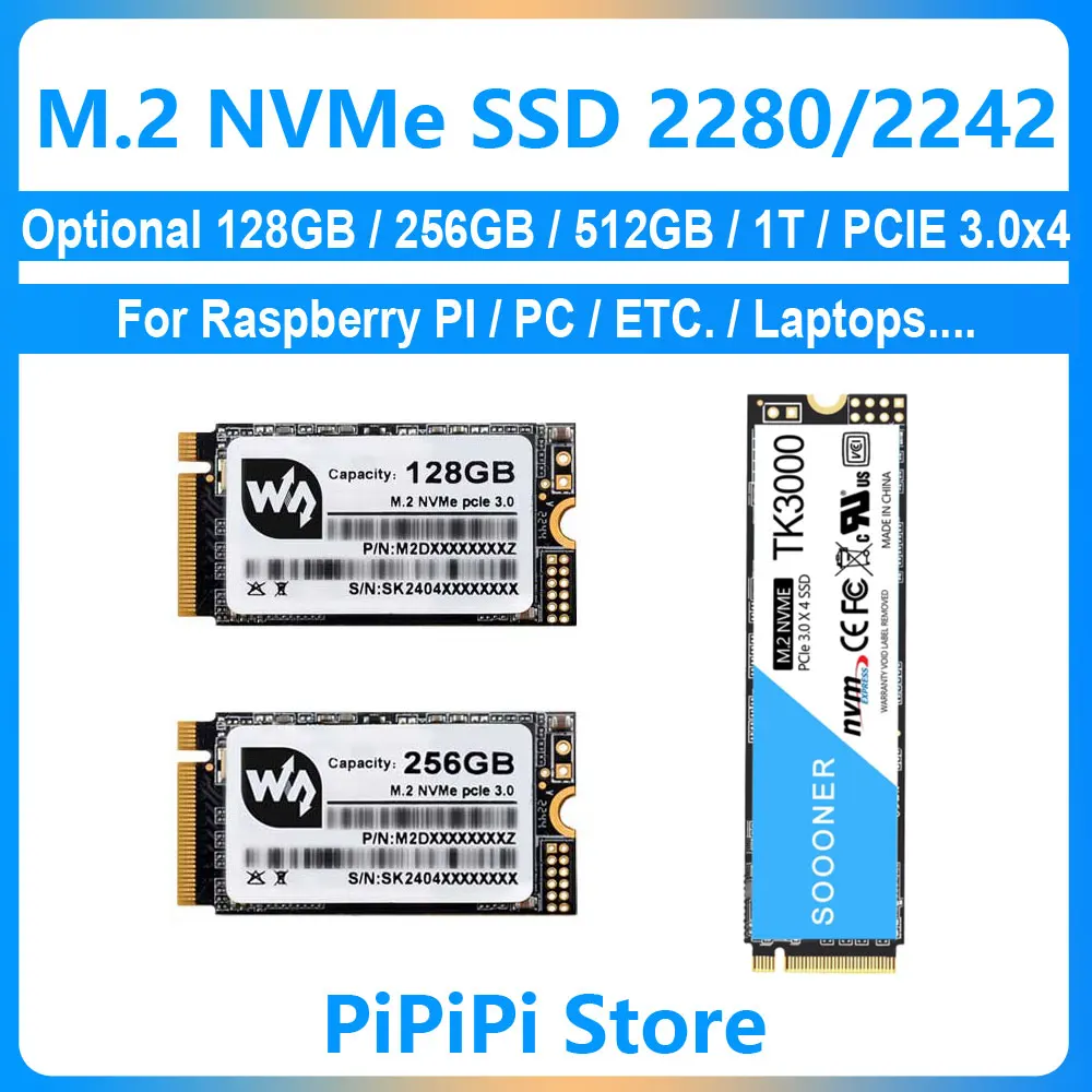 

M.2 NVMe Solid State Drive SSD SIZE 2280/2242 Optional 128/256/512GB/1TB for Raspberry Pi 5/PC/laptops/desktops/etc.