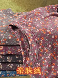 Warm Fleece Lined round Neck T-Shirt for Women Elderly Autumn Inner Wear Base Shirt Casual Style Long Sleeve Floral Print