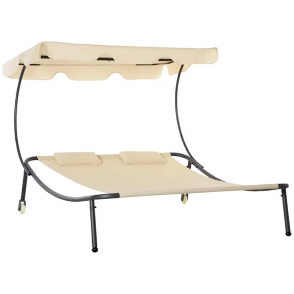 Fold-out deck chair/beach chair with adjustable canopy with two wheels for easy movement and two pillows for added comfort