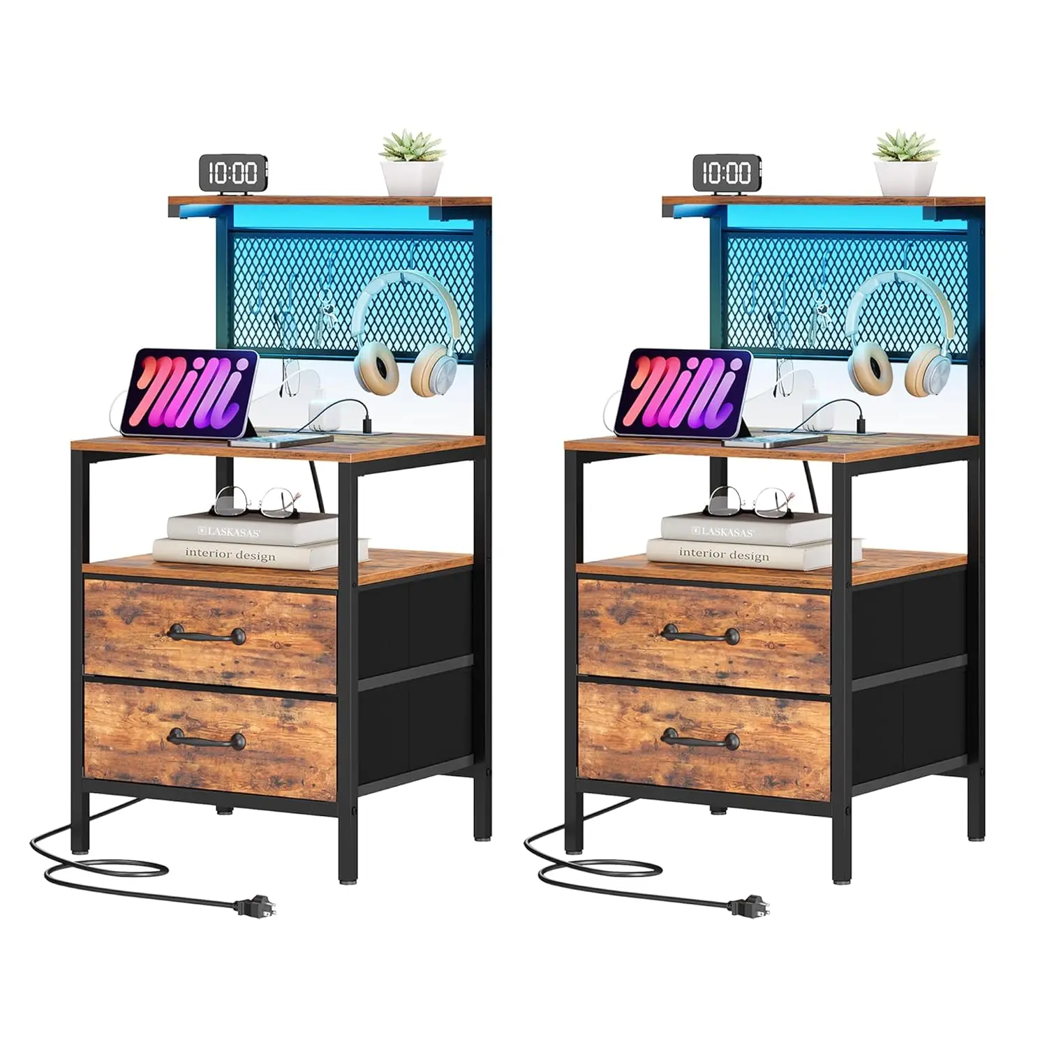 

Tall Nightstand Set 2 Charging Station LED Lights Fabric Drawers Storage Shelves Hooks Bedroom Office Dorm, Customized