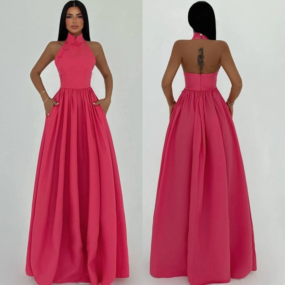 

Customized Elegant Jersey Halter Evening Dress Simple Open Back Sleeveless Celebrity Gowns Sexy Special Occasion Gowns
