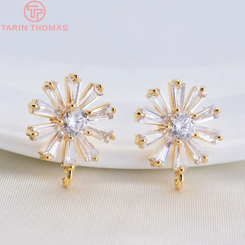 (2529)4 peças 12x15mm 24k cor dourada latão com flor de zircônia brincos de alta qualidade acessórios de joias faça você mesmo