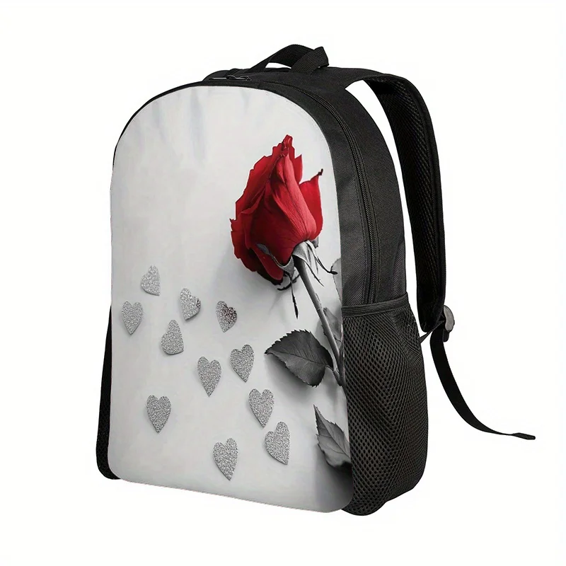 

Valentine's Day Backpack - Red Rose and Love Printed School Bag, Lightweight Polyester Backpack, Adjustable Shoulder