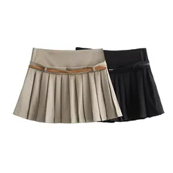 Women's Vintage Wide Pleated Short Skirt with Belt