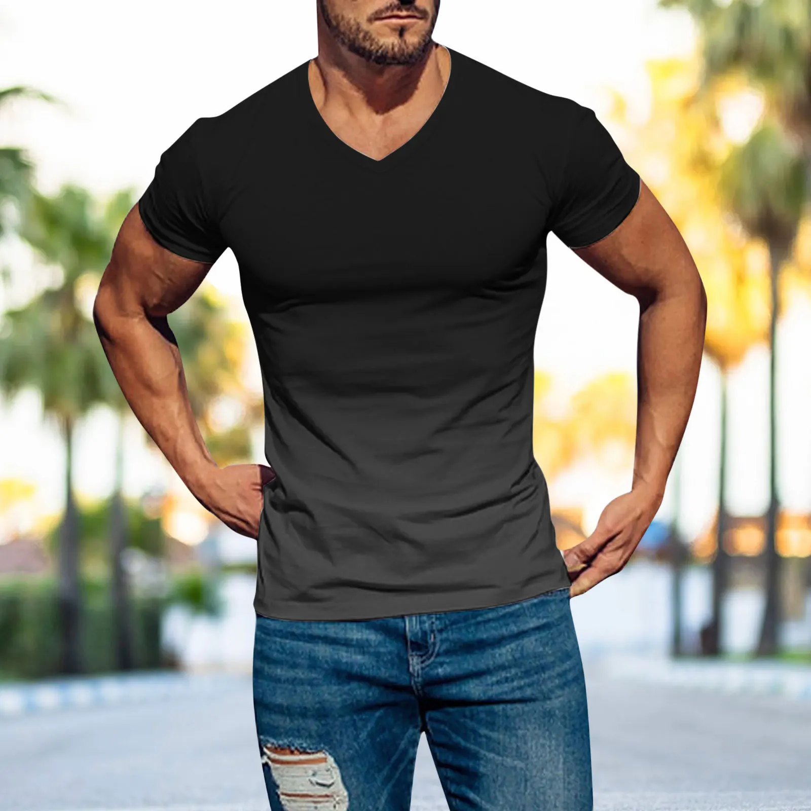 Gradient Color Blocking Men's Breathable And Comfortable Outdoor Men's Top Summer Men's Loose Short Sleeved V-Neck T-Shirt MH1