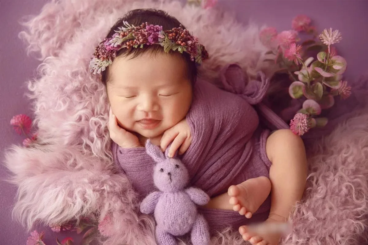 Newborn Baby Photography Props Purple Floral Headband Knitting Bunny Doll Wool Blanket Theme Set Studio Shooting Photo Props
