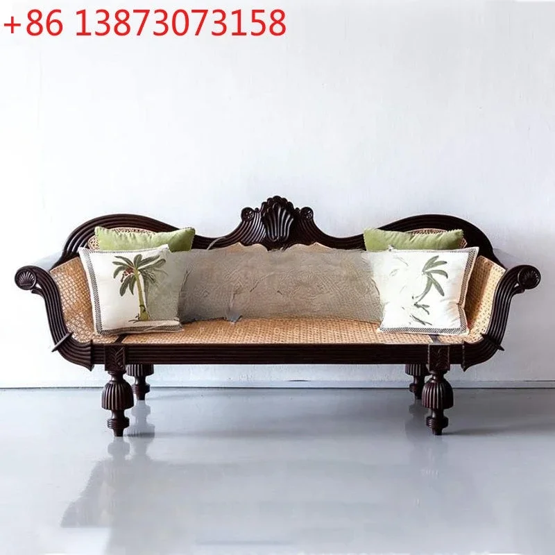 

American solid wood carving flower braided rattan model room living room studio light luxury Nanyang style retro sofa