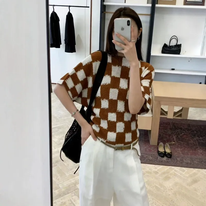 Miyake Pleated T-shirt Checkerboard Short Sleeve T-Shirt Women 2026 Summer New Loose Slim Fold Round Neck Textured Versatile Top