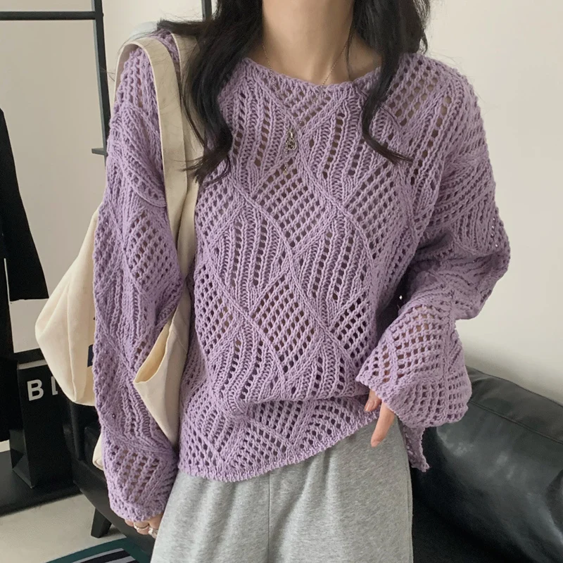 Pullovers Women Pointelle Knit Top Long Sleeve Semi Sheer Sweater Pink Purple Jumper Teen-girl Spring Summer Fairycore Outfit