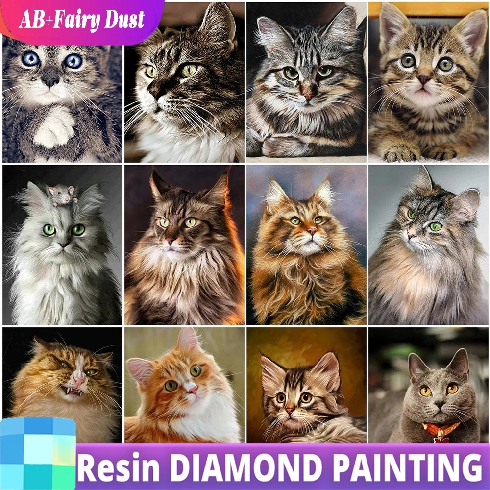 Resin Fairy Dust AB 5D Diamond Painting Cat Animal Cross Stitch Kit Full Drill Embroidery Mosaic Art Picture Of Rhinestones Home