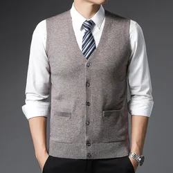 Men's Autumn and Winter Cardigan Vest Youth Leisure Solid Color Pocket Leisure Sleeveless Warm Knit Top Sweater Vest