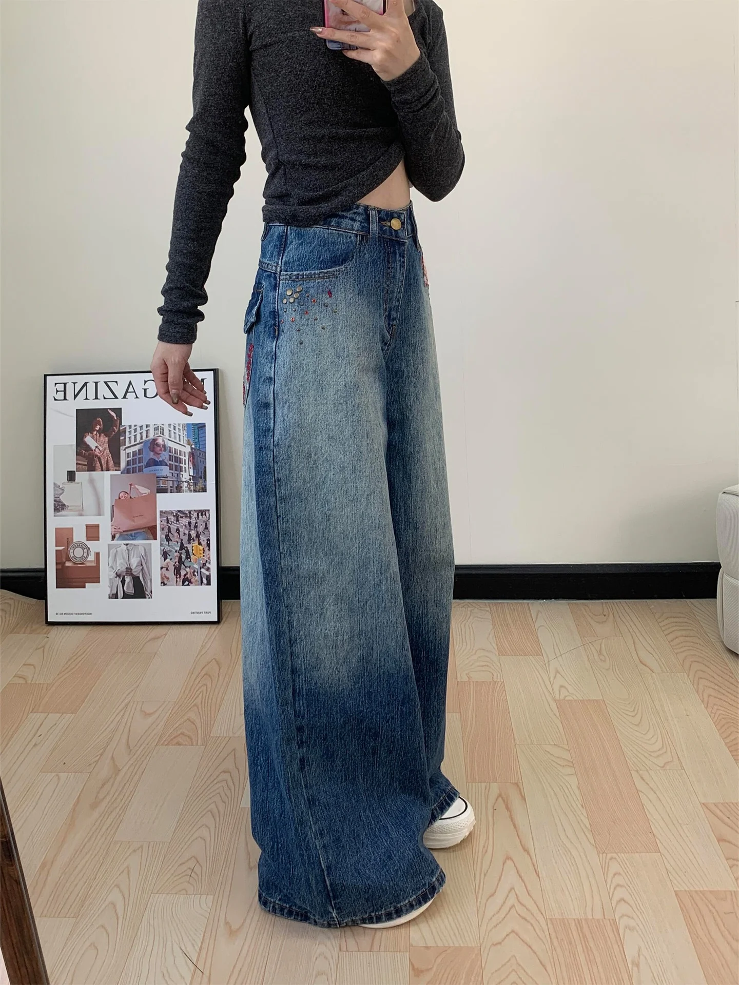 레트로 자수 데님 팬츠 여성용 루즈 와이드 레그 바지 겨울 시즌 하이웨이스트 투톤 캐주얼 패션 여성복
