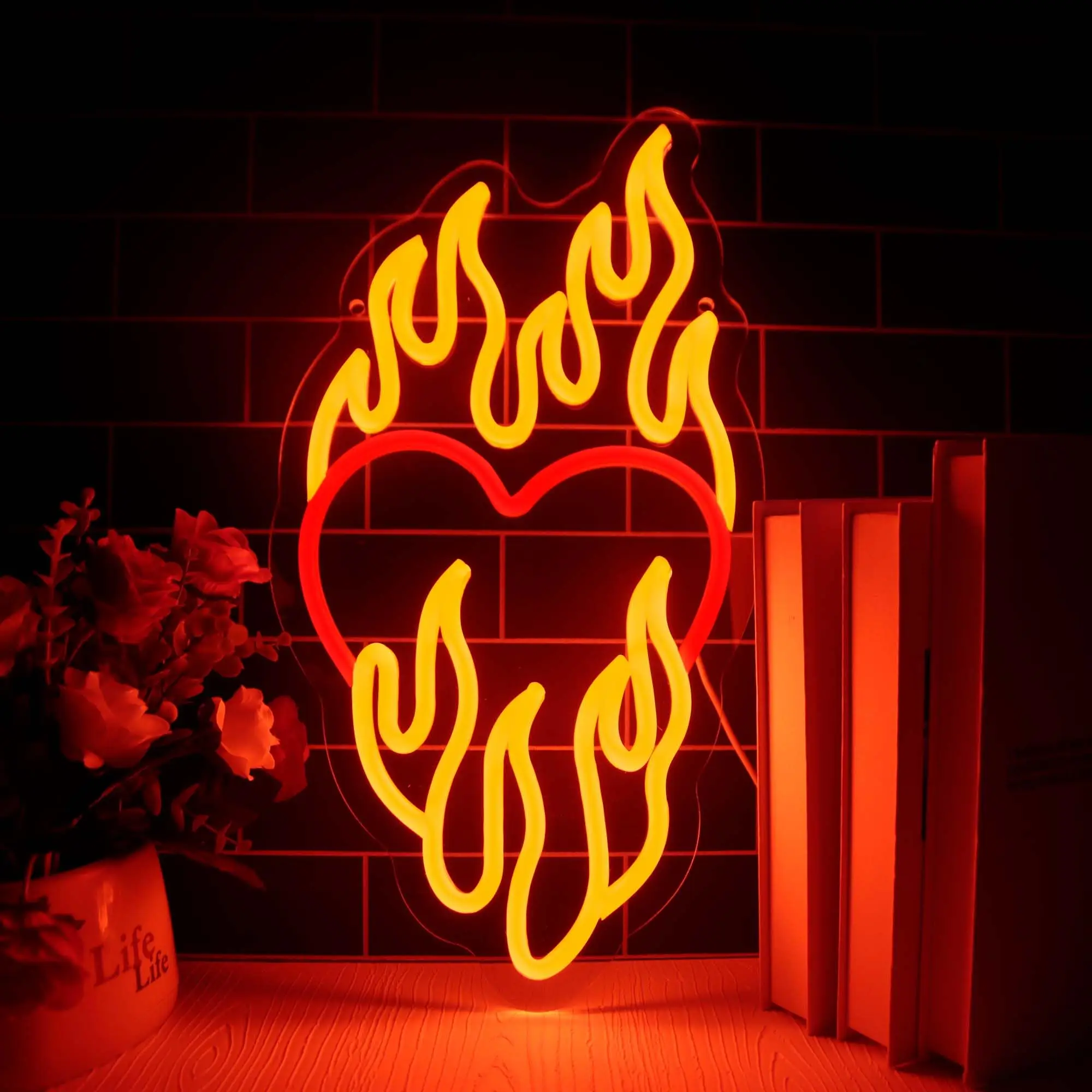 

Burning Flame Fire Heart-shaped Led Neon Sign Party Decoration Night Lamp Bar for Room Wall Wedding Birthday