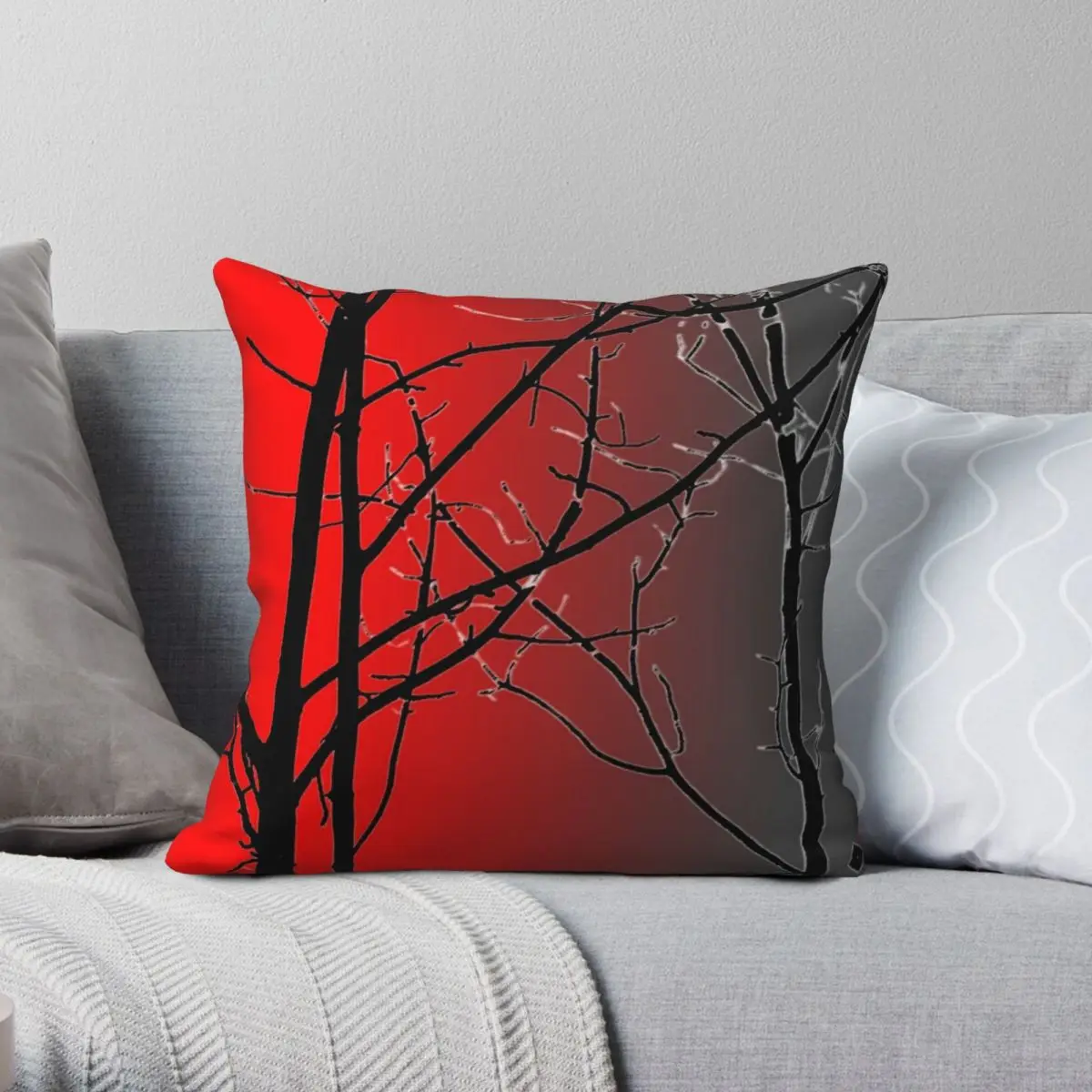 Red And Gray Tree Branches Square Pillowcase Polyester Linen Velvet Pattern Zip Decor Throw Pillow Case Sofa Cushion Cover