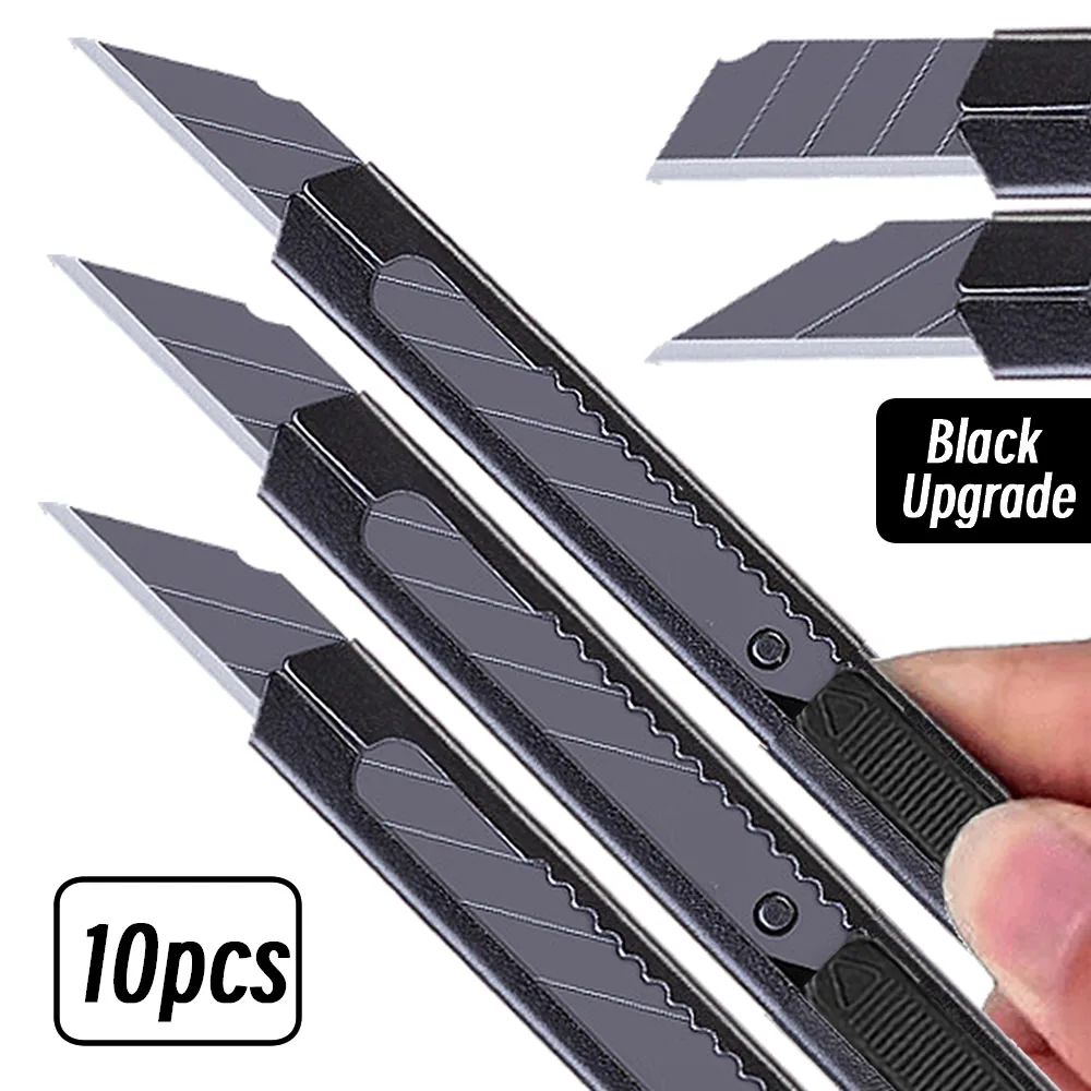 10Pcs Black Utility Knife Stainless Steel Paper Cut Box Cutter Tools Kit Non-Slip Blades Unboxing Knife Handicraft Carving Tools