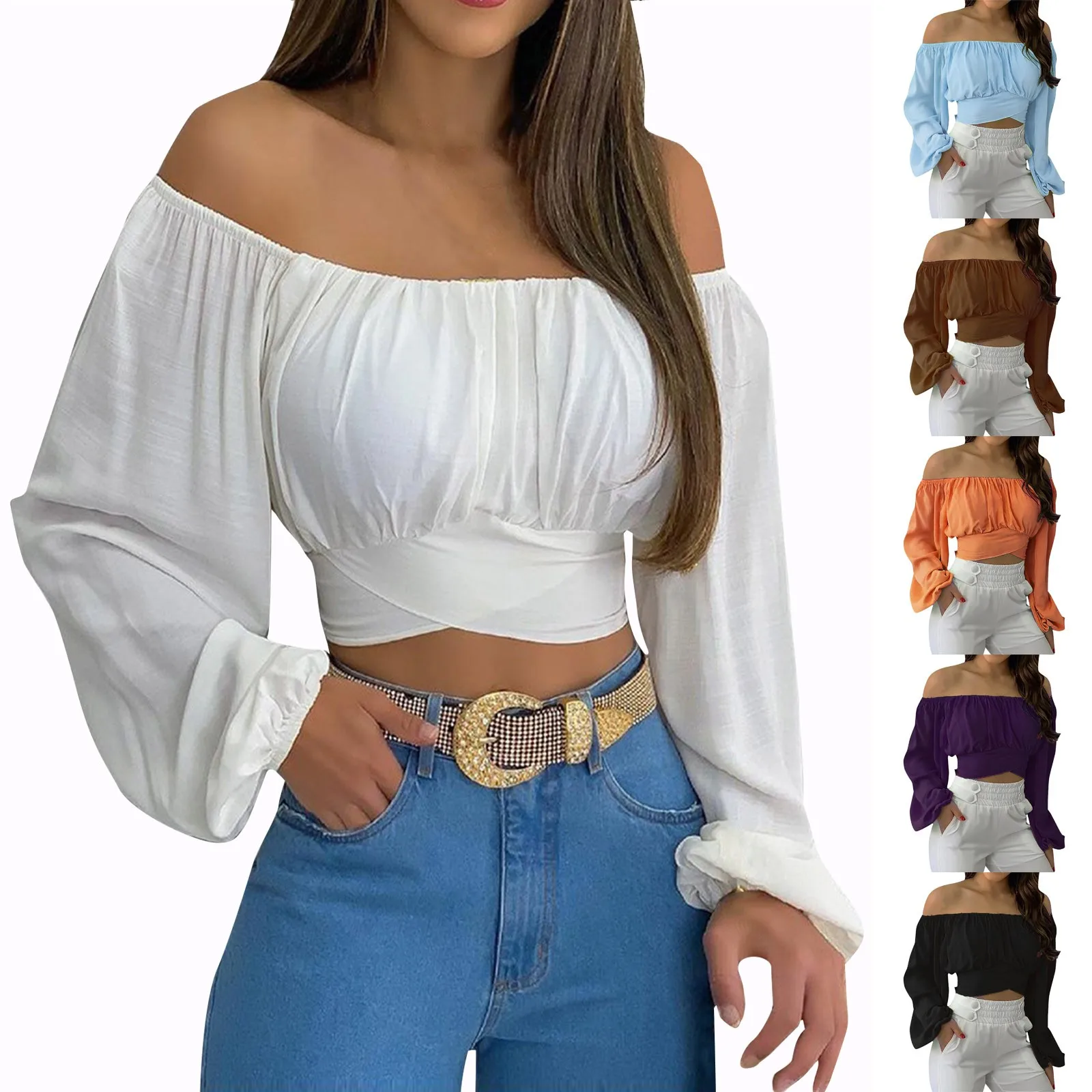 Women'S Off-The-Shoulder Shirts Tops Fashion Trend Cross Strap Long-Sleeved Tops Slim Fit Midriff-Baring Back Lace-Up Tops