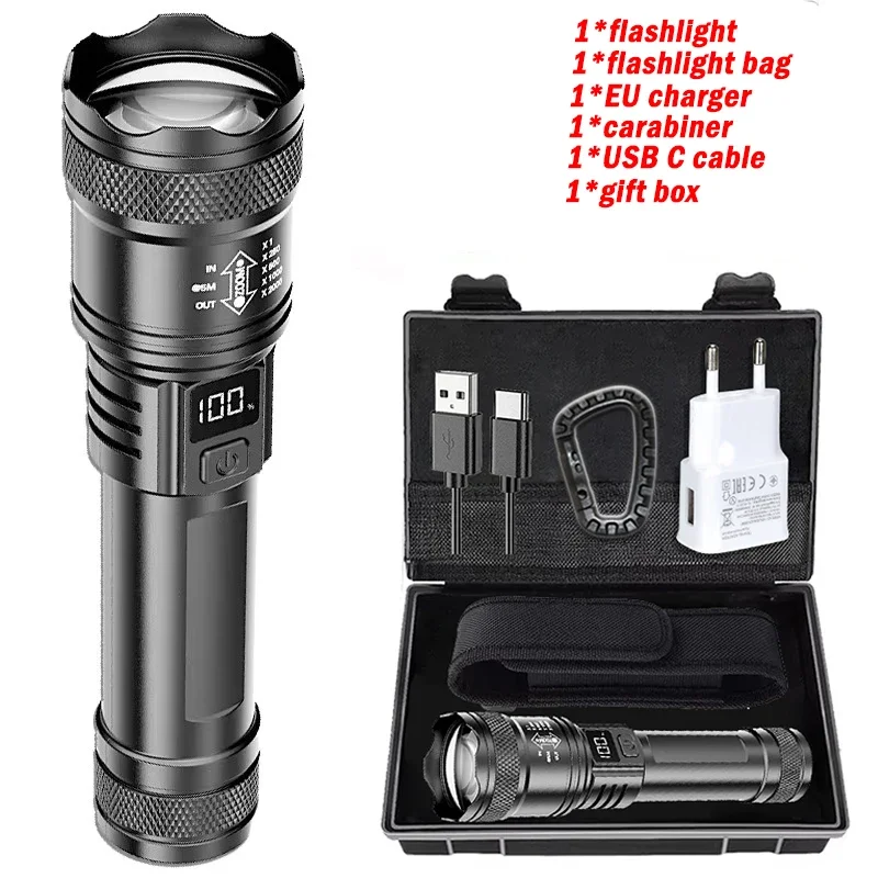 Ultraheldere LED-zaklamp 2000LM Type-C Oplaadbare lange afstand zoom tactische zaklamp Outdoor noodcamping Vissen Lantaarn