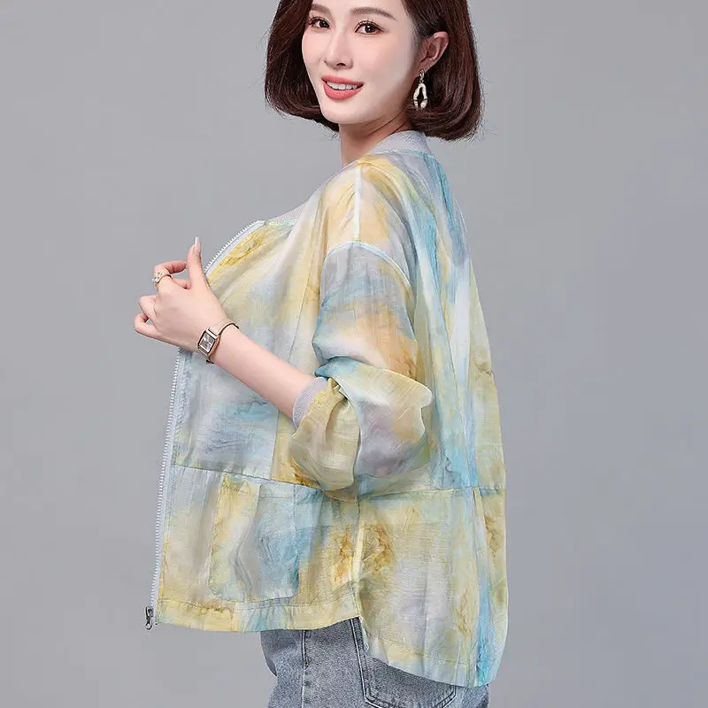 Spring Summer Fashion Printing Shirts Women's Clothing Loose Patchwork Cardigan Zipper Screw Thread Quick Drying Sunscreen Tops