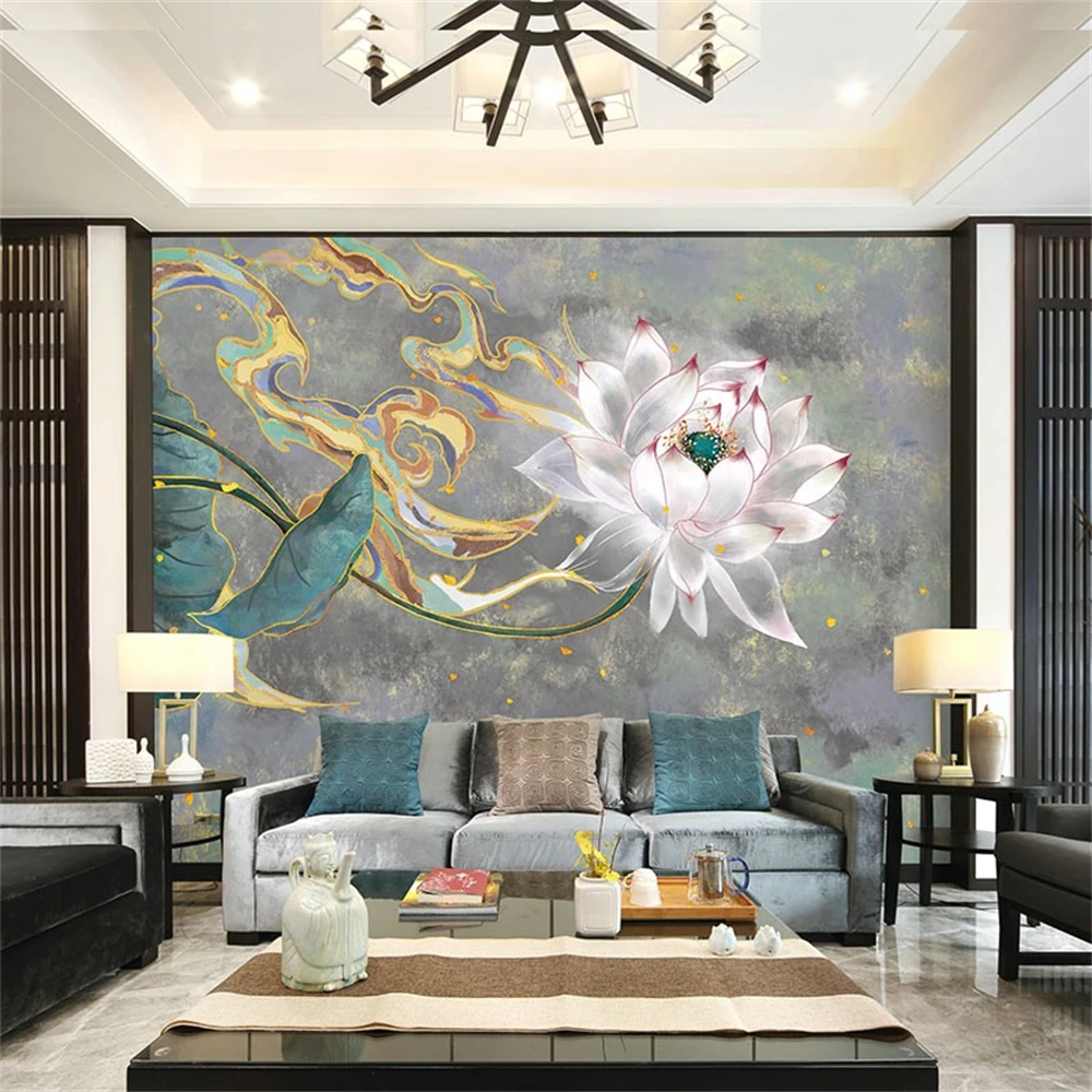 Custom New Chinese light luxury wall cloth modern wallpaper for living room bedroomTV background lotus flower wall paper sofa