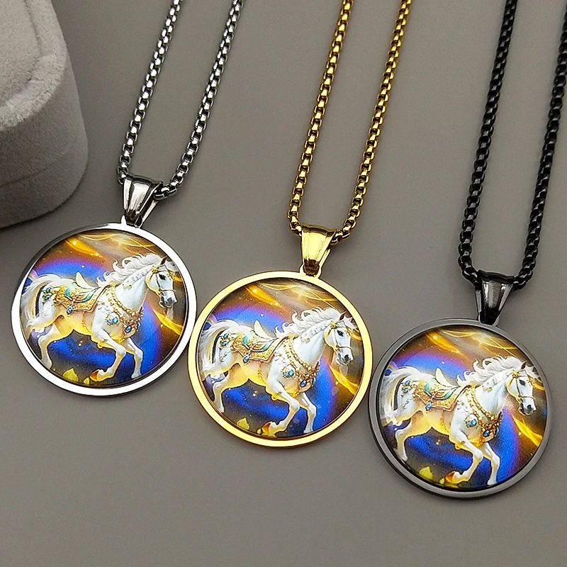 موضة الأبيض الحصان قلادة قلادة للنساء الرجال الفولاذ المقاوم للصدأ الزجاج الذهب اللون الحيوان المهر الذكور سلسلة مجوهرات هدايا #5