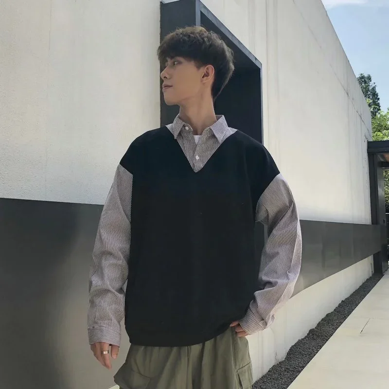 Jerséis de diseño para hombre, moda Preppy, Popular, universitario, dinámico, holgado, informal, falso, de dos piezas, Ulzzang, ropa masculina para adolescentes, Ins japonés