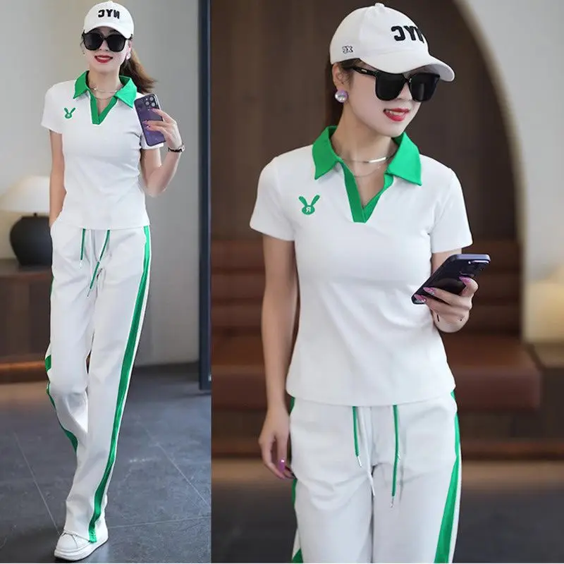 Women\'s Casual Sports Suit 2024 New Summer Spring Style Clothes Fashion Short Sleeve Lapel T-shirt Wide Leg Pants Two Piece Set