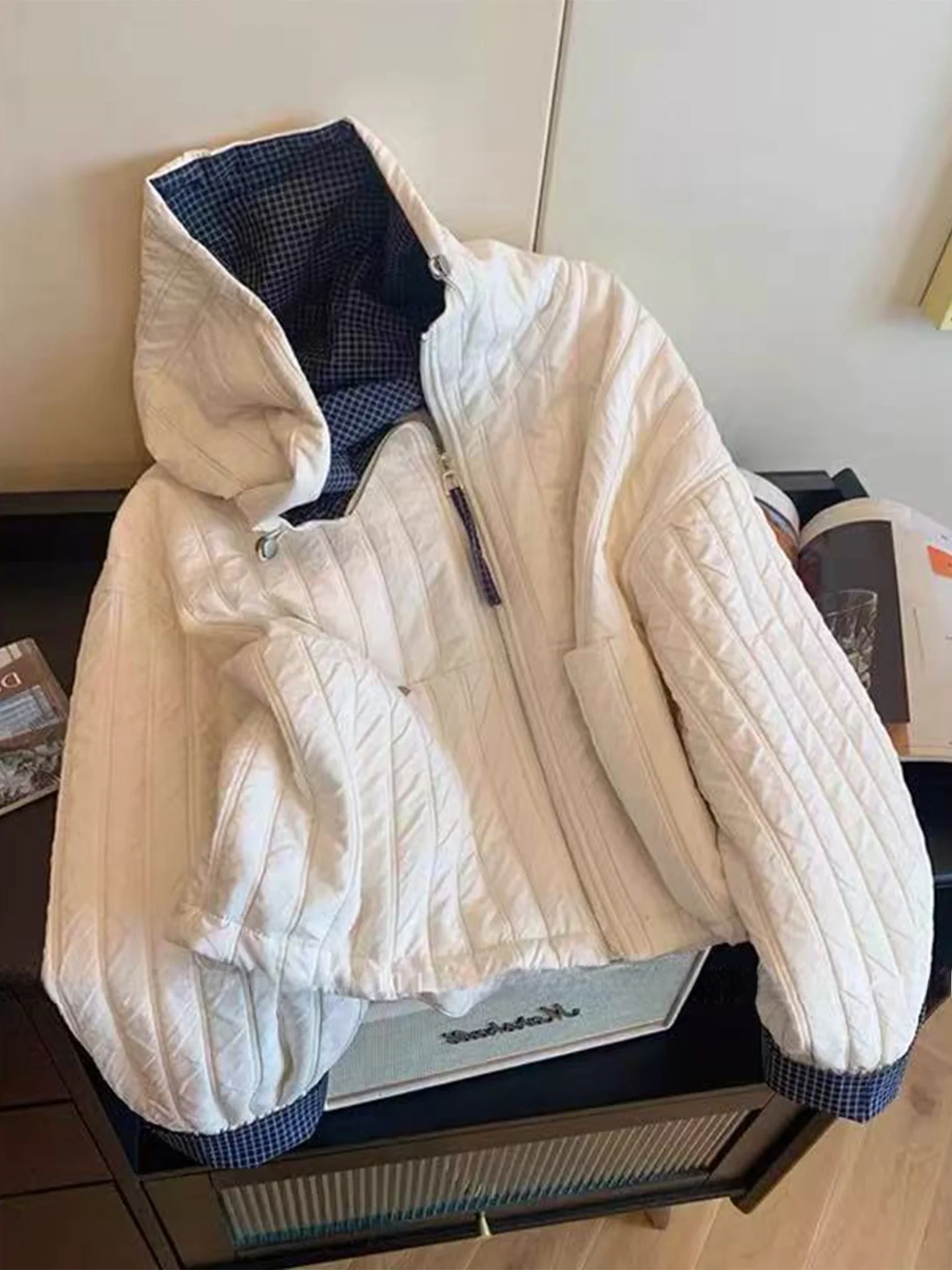 winter-women's-faion-plaid-splicing-light-cotton-jaet-hat-matching-color-versatile-outerwear-top-luxury-feel-stand-fit