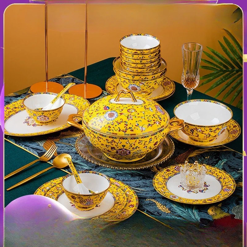 Jingdezhen luxury Chinese enamel color dishes set, household bone china tableware
