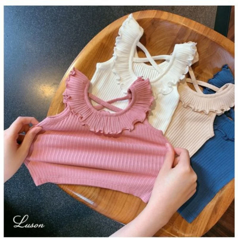 Ruffled Vest2024Summer New Baby Girl's Wooden Ear Solid Color All-Match Pit Sweet Top-WSNY