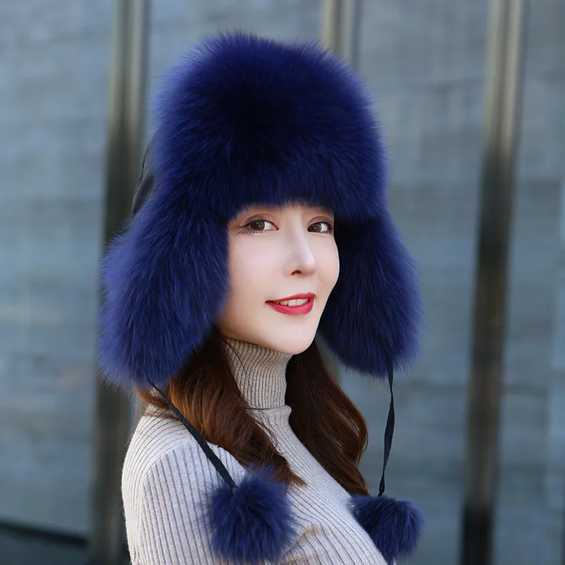 Chapéu bombardeiro de pele de raposa espessa feminino, gorro quente, bonés russos, moda coreana, chapéu de bolso Ushanka Earflap, tendência inverno