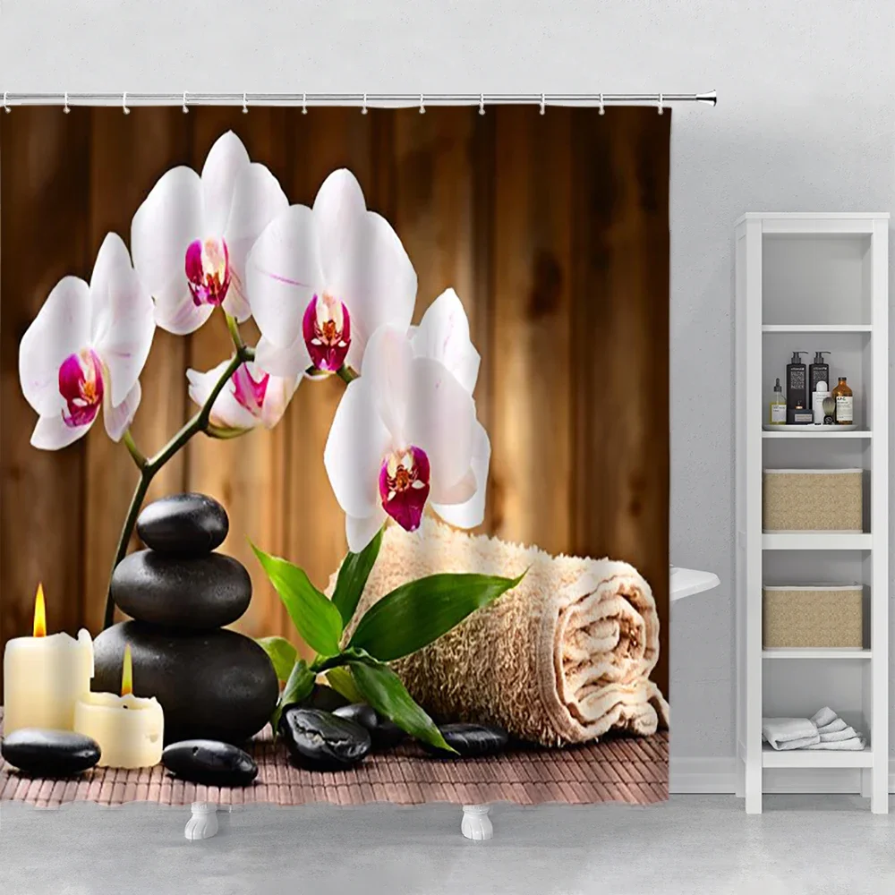 Zen Stone Green Bamboo Shower Curtains Lotus Stream Spa Landscape Bathroom Waterproof Bath Curtain Fabric Home Bathtub Decor