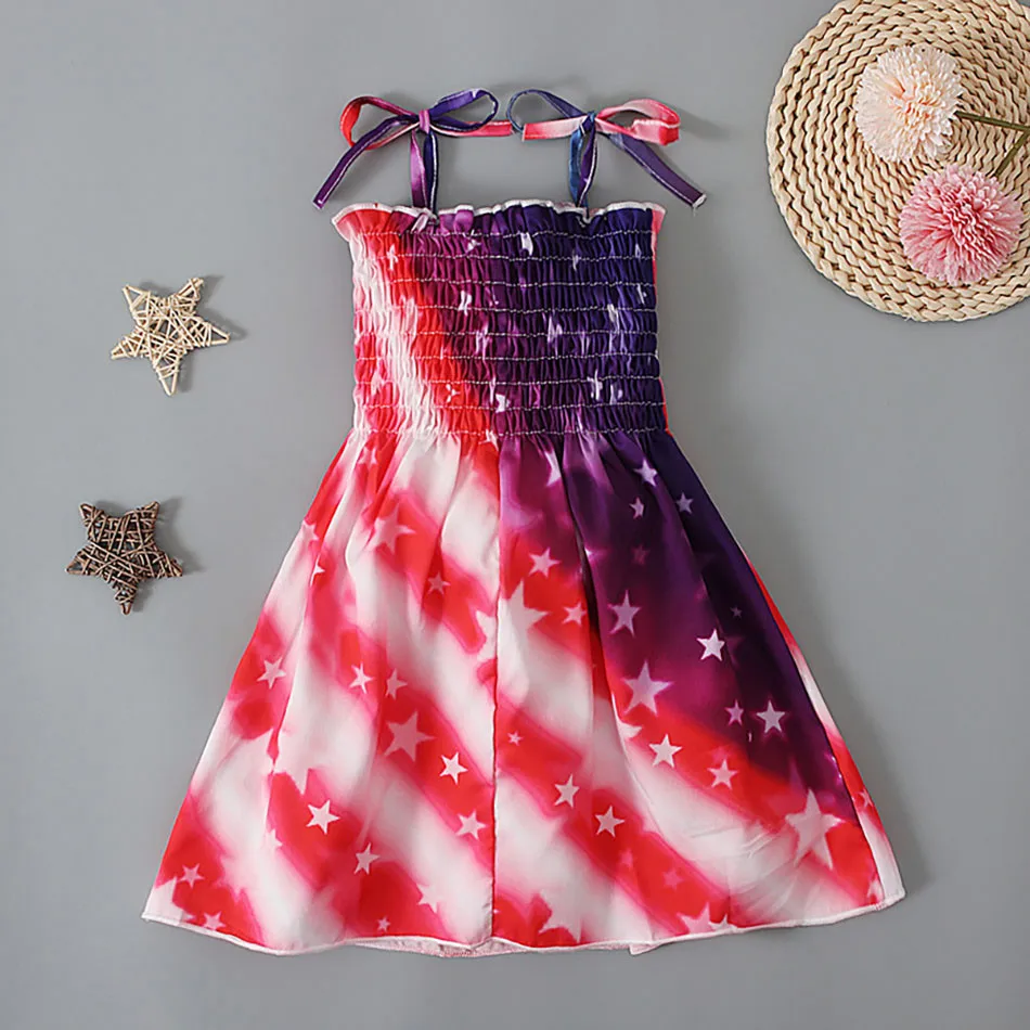 Patriotic Summer Fun Girls Strap Casual Dresses with 4th of July Theme Playful Dress with Flag Stars and Heart Embellishments