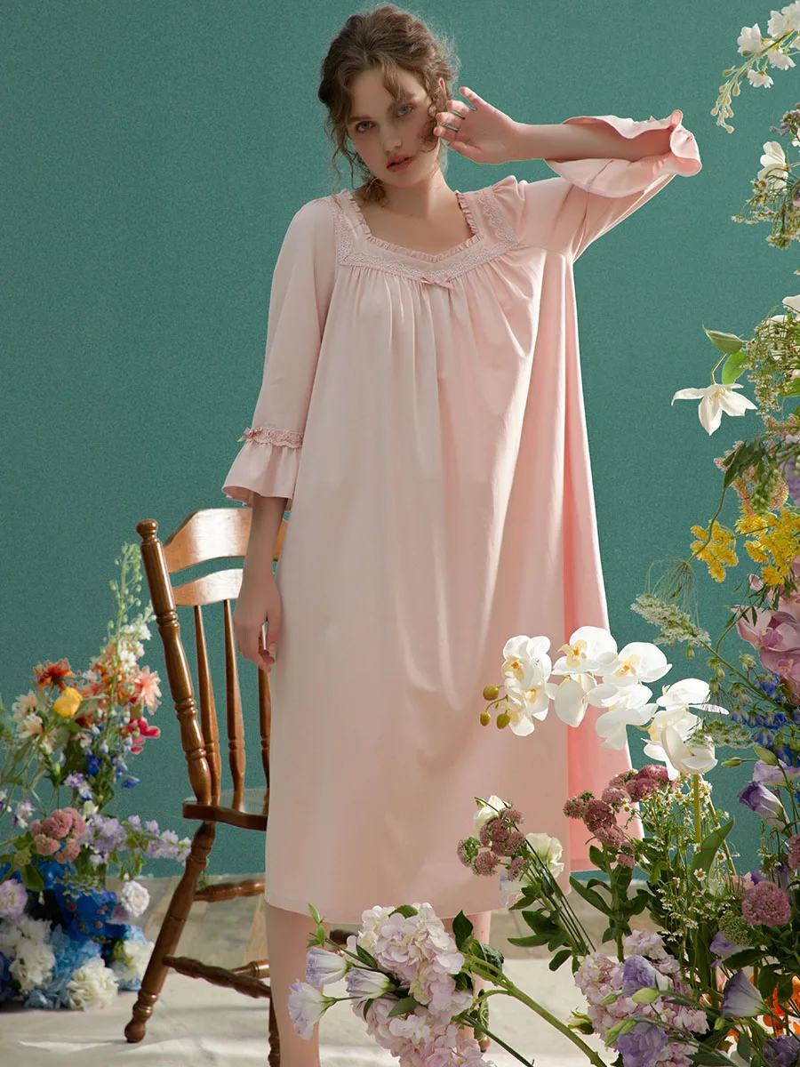 Vintage Soft Cotton Long Nightgowns For Women Spring Summer Three Quarter Elegant Sleeepwear Pregnant Night Dress Plus Size