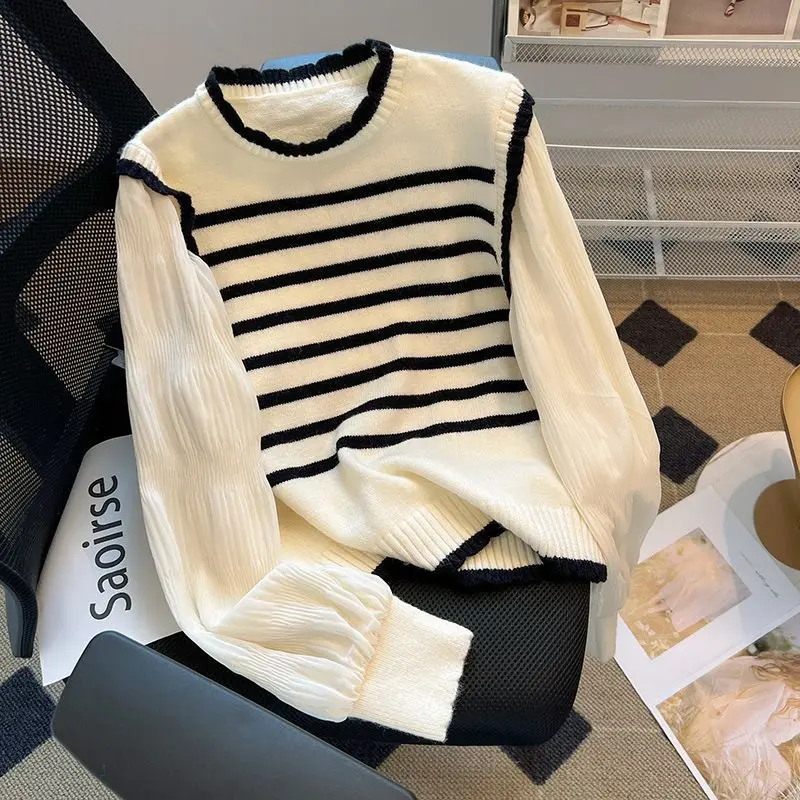 Women Long Puff Sleeve Patchwork Striped Fake Two-pieces Knitted Sweater Spring Autumn Korean Soft Glutinous Pullover Sweaters