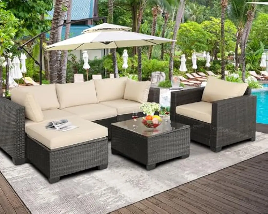 

6 Pieces Pieces Patio Furniture Set Outdoor Sectional Wicker Patio Furniture Patio Couch with Ottoman for Lawn, Balcony, Garden,