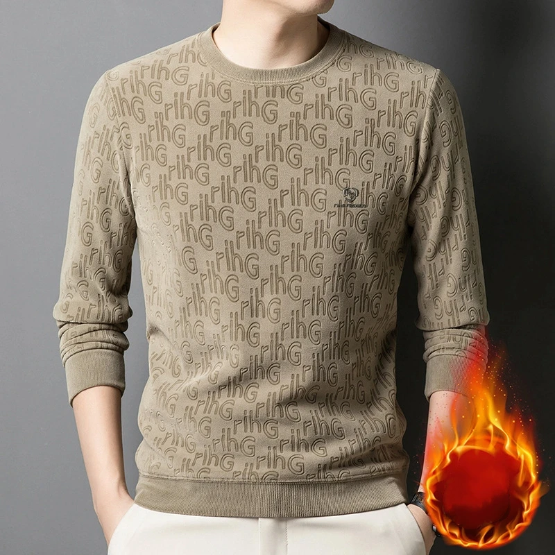 

Утолщенный флисовый свитшот Oufen, мужская зимняя футболка с круглым вырезом, модная жаккардовая теплая футболка с длинными рукавами, мужская одежда