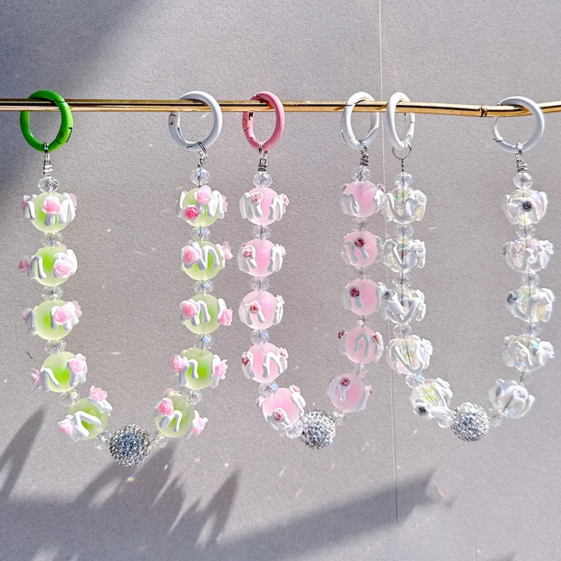 Color Painted Beads Phone Chain Sweet Translucent Color Beads Keychain Pendant Wrist Strap Earphone Case Charm Bag Decor image 4