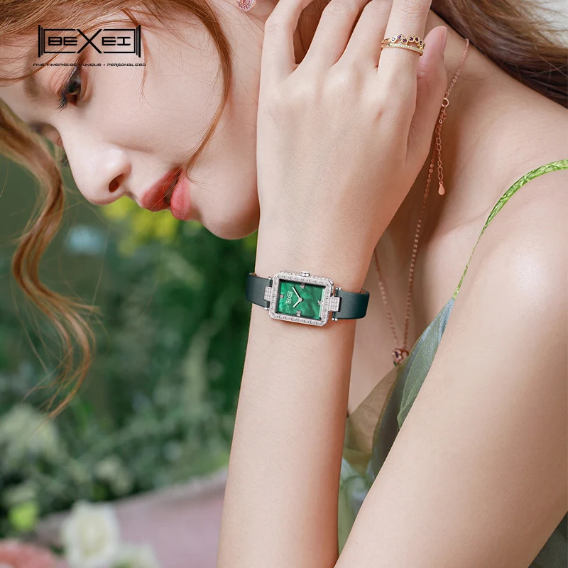 Bexei 6112-女性のためのレトロな正方形のクォーツ時計,エレガントでちりばめられたジュエリー,人工サファイア,シェルダイヤル,シルク