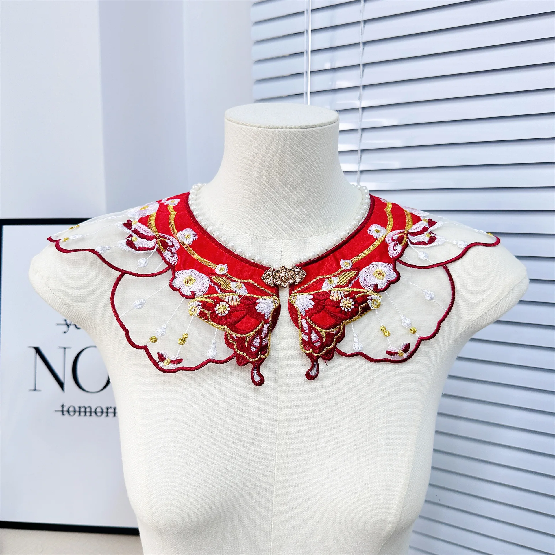 

Children Vintage Pearl Beaded Flower Embroidery Mesh Pashmina Kids Girls Shawl Cloak Red Collar R3221