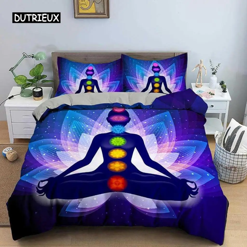 

Yoga Duvet Cover King Queen Chakra Meditation Bedding Set Blue Mandala Boho Hippie Style with Chakra Art Polyester Quilt Cover