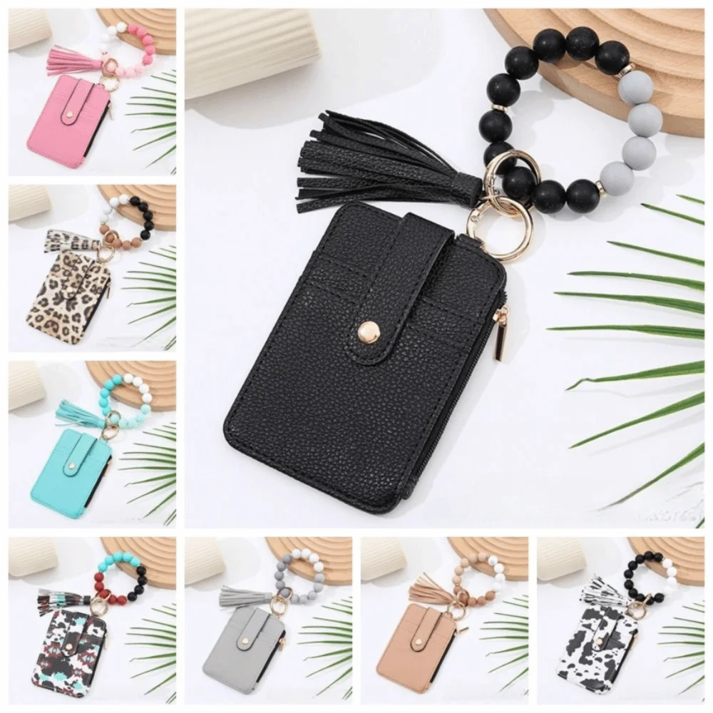 PU Leather Boho Beaded Wallet Tassel Keychain Anti-Loss Wristlet Wallet Storage Waterproof Credit Card Holder Purse Women