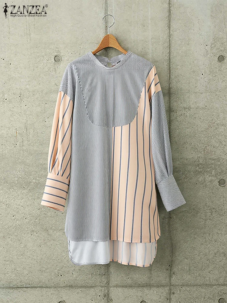 بلوزة نسائية طويلة غير متماثلة على الموضة من ZANZEA لخريف 2025 سترة مطبوعة مخططة وياقة ثابتة بلوزات فضفاضة كبيرة الحجم غير رسمية #1